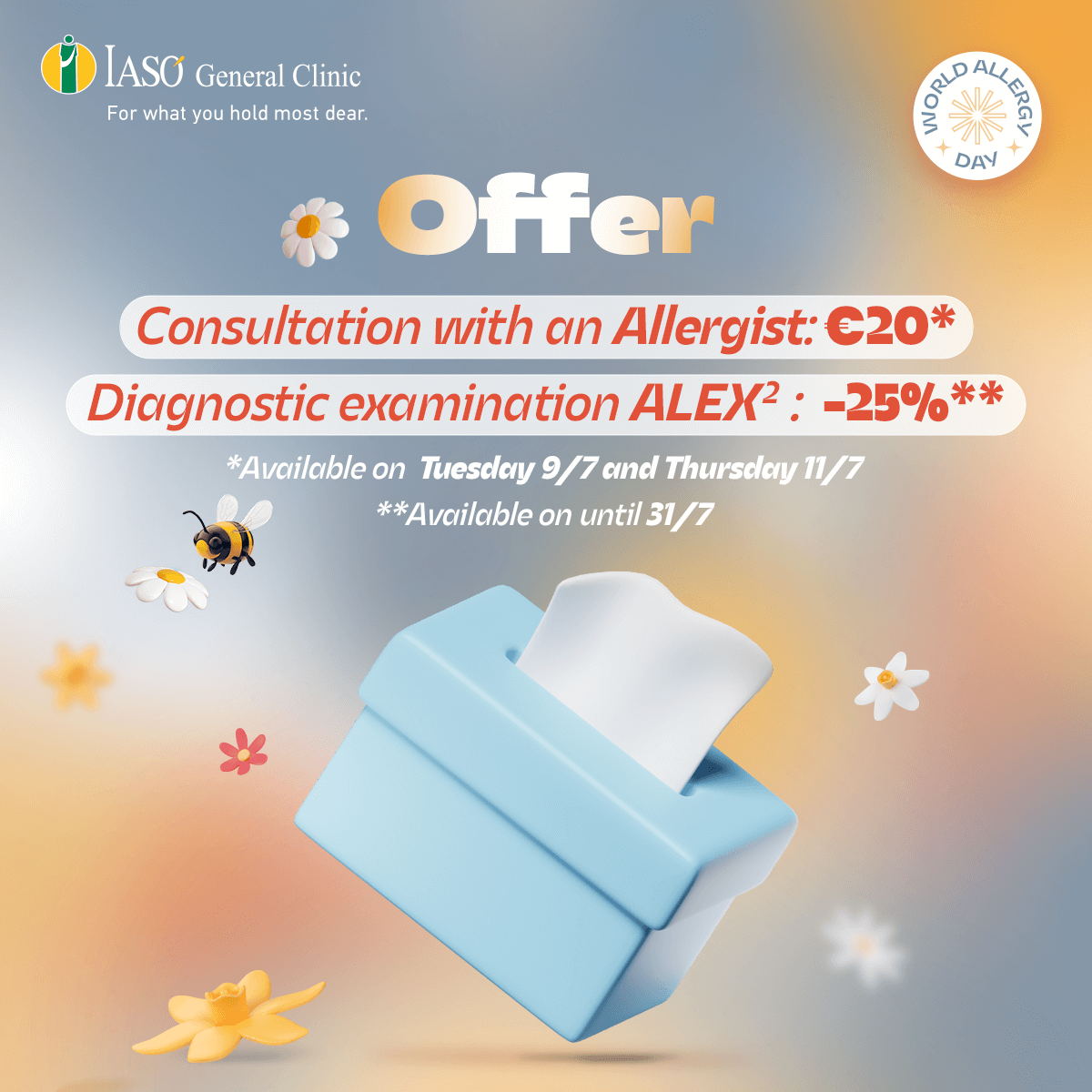 IASO General Clinic: Consultation with an Allergist at the exclusive price of €20 & 25% discount on the diagnostic examination ALEX2, on the occasion of World Allergy Day
