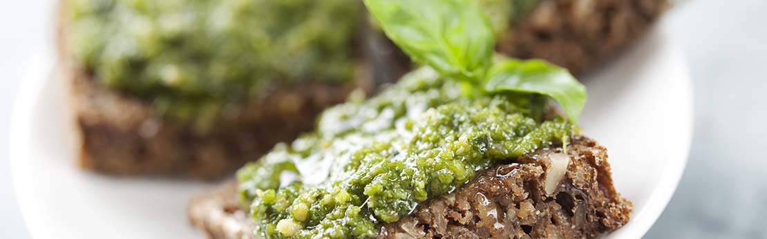 Pesto toast with basil, avocado and nuts Pesto toast with basil, avocado and nuts