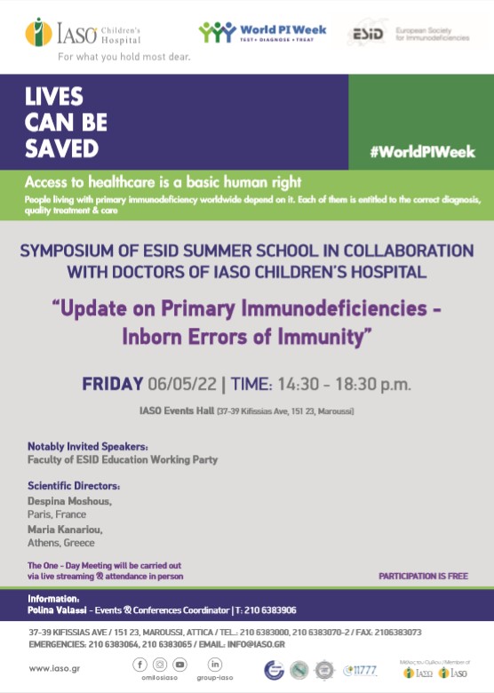 Scientific Symposium of the Summer School of the European Society for Immunodeficiencies (ESID) in collaboration with doctors of IASO Children’s Hospital on the topic "Update on Primary Immunodeficiencies - Inborn Errors of Immunity" Scientific Symposium of the Summer School of the European Society for Immunodeficiencies (ESID) in collaboration with doctors of IASO Children’s Hospital on the topic "Update on Primary Immunodeficiencies - Inborn Errors of Immunity"